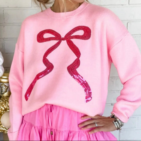 Pink Sequin Bow Sweater