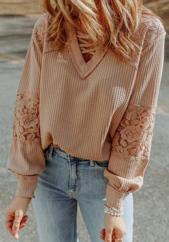 Apricot Lace Waffle Patchwork V long sleeve Top